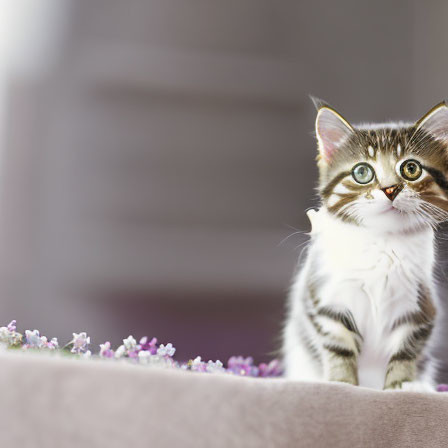 Fluffy brown and black kitten with bright eyes among purple flowers