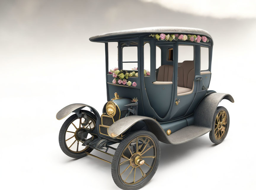 Vintage blue car with floral decorations on foggy background, showcasing brass accents and open doors