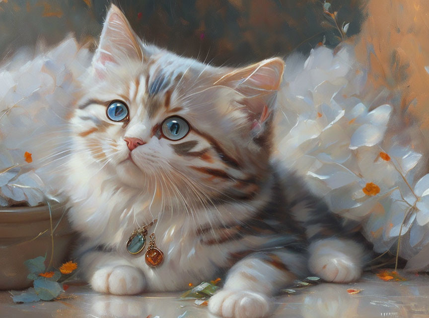 Fluffy Tabby Kitten with Blue Eyes and Heart Pendant in White Flower Setting