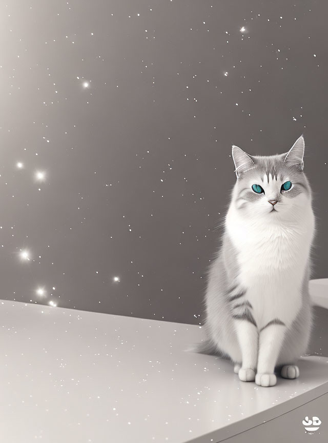 White Cat with Blue Eyes on Starry Grey Background