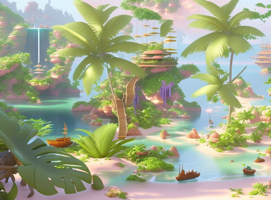 Tranquil fantasy landscape with palm trees, floating islands, turquoise waters, and pastel sky