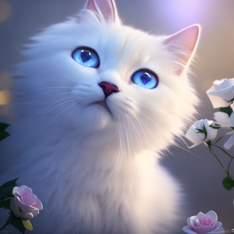 White Cat with Blue Eyes Surrounded by Pink Roses and Soft Glow