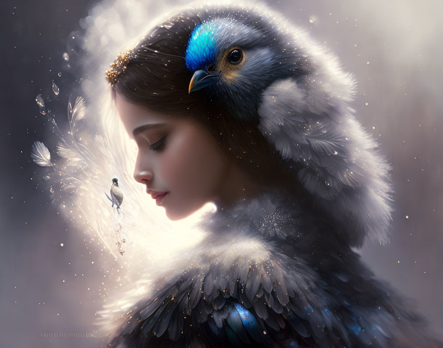 Digital artwork blending woman's face with bird features for serene portrait.