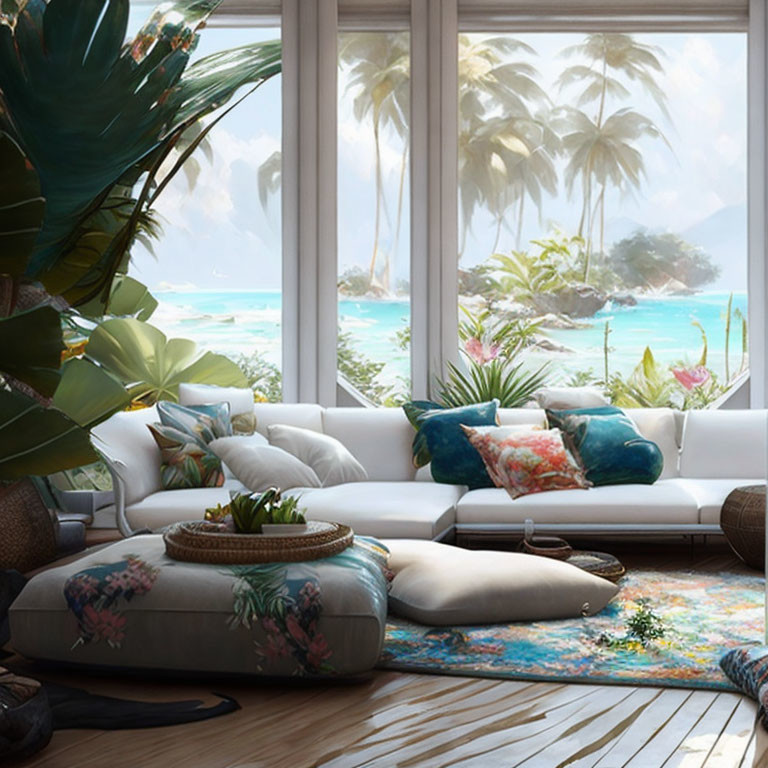 Beachfront living area with plush seating and tropical decor