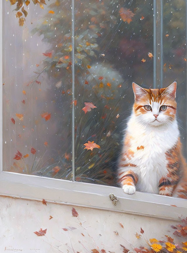 Calico Cat with Orange, Black, and White Fur Enjoying Autumn Scene