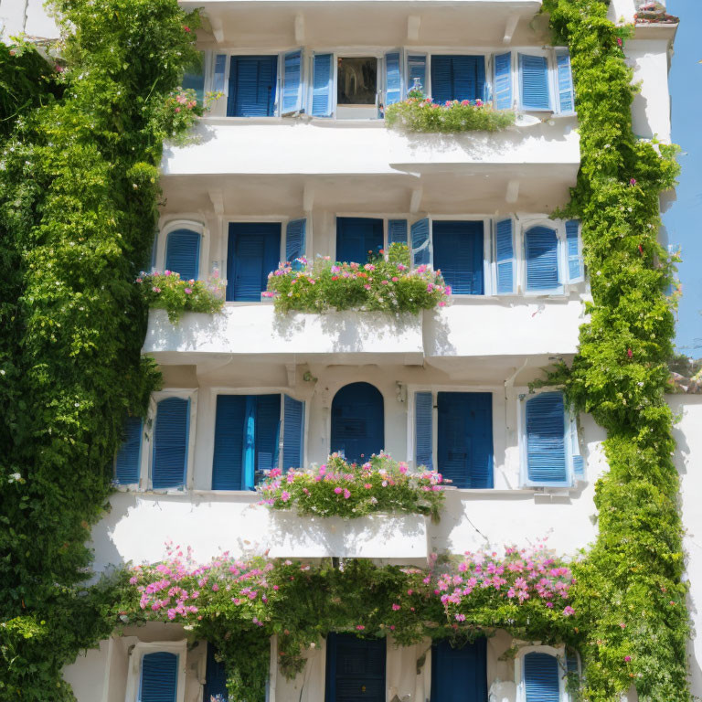 White Building with Blue Shutters, Green Plants, and Pink Flowers on Balconies