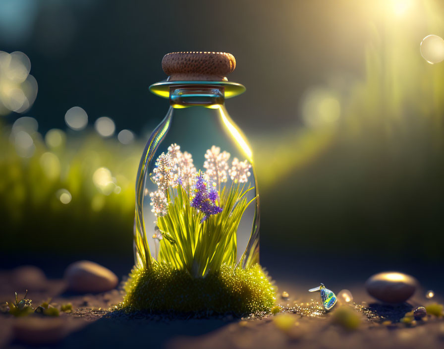 Glass bottle with cork stopper: Miniature garden with purple and white flowers in golden glow