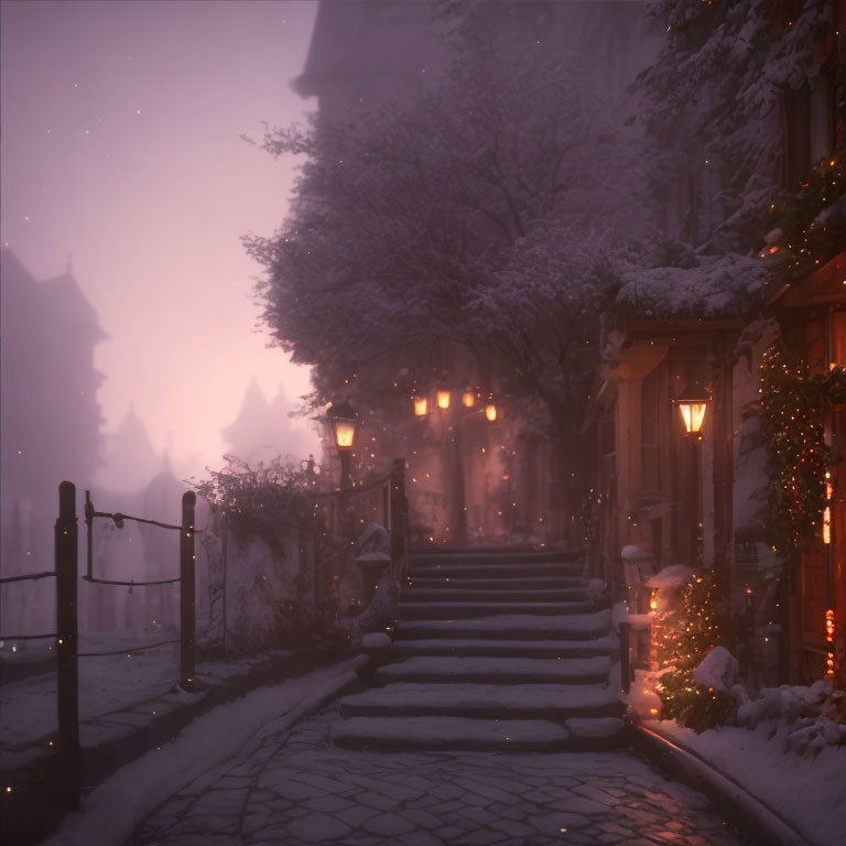 Quaint town steps with snow, warm windows, holiday decor & dusk snowfall