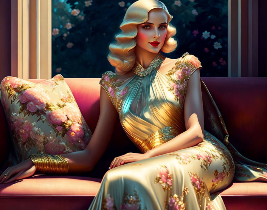 Blonde woman in golden floral dress on pink sofa