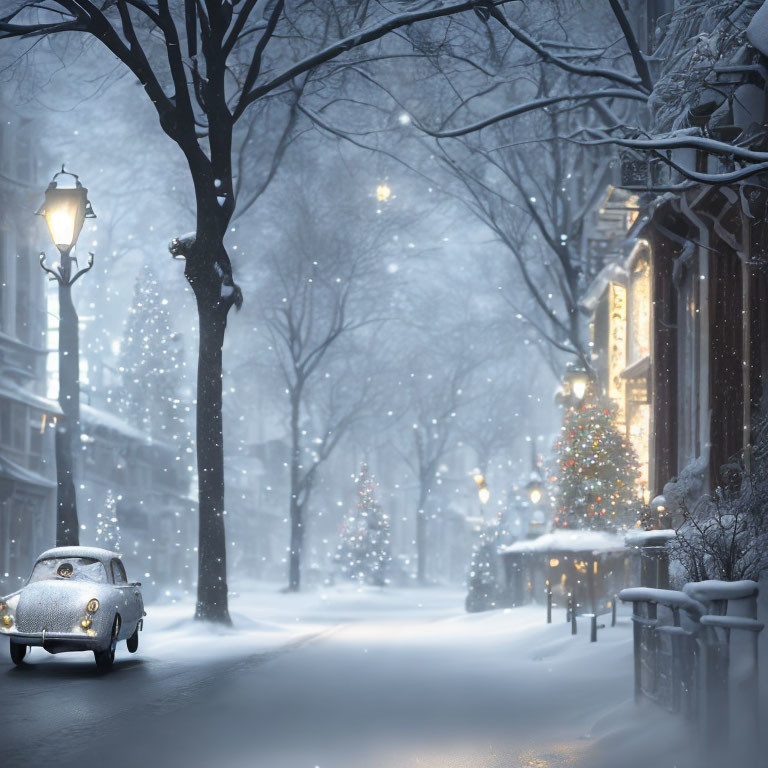 Snowy Dusk Street Scene with Vintage Car and Christmas Tree