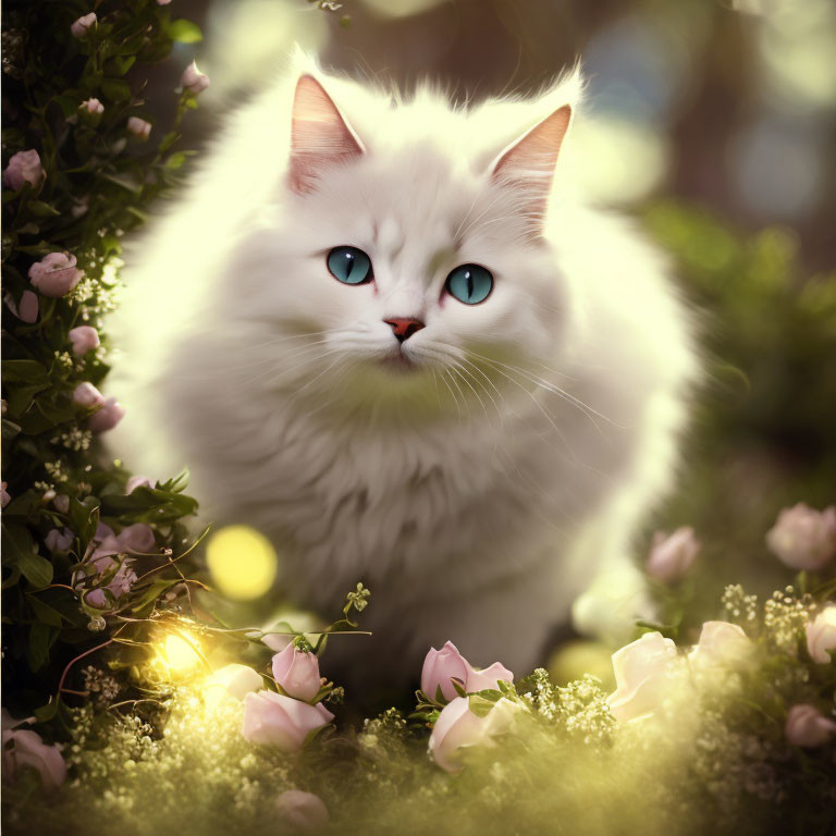 Fluffy White Cat with Blue Eyes Surrounded by Flowers and Greenery