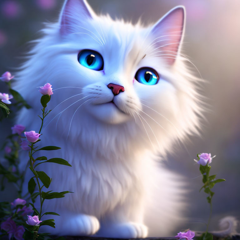 Fluffy white cat with blue eyes in purple flower setting