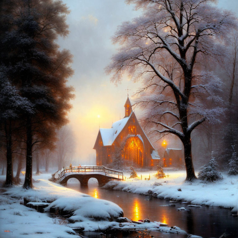 Snowy church by river bridge in hazy winter sunset