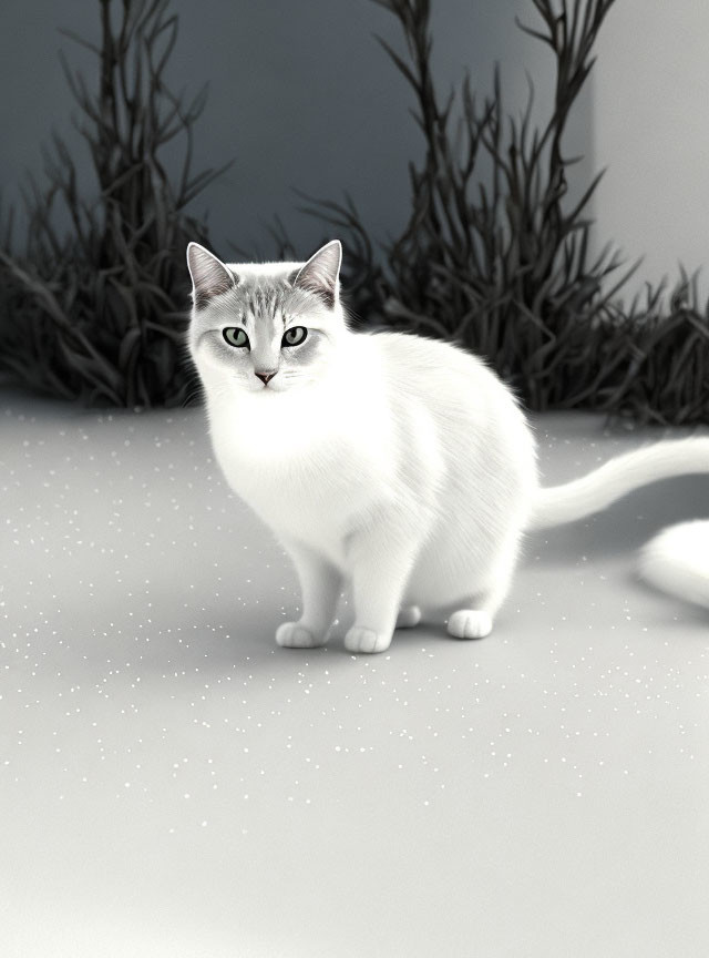 White Cat with Green Eyes in Snowy Winter Scene