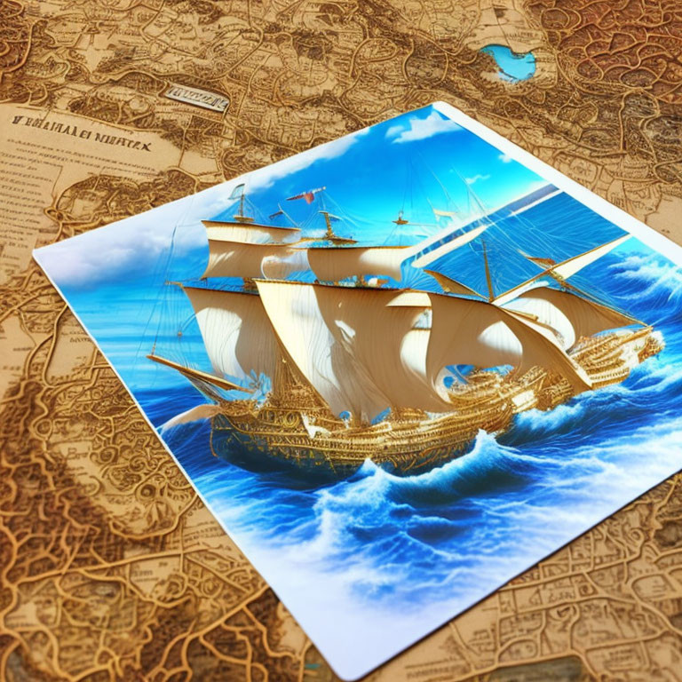 Tall ship with full sails on ancient world map in 3D illusion