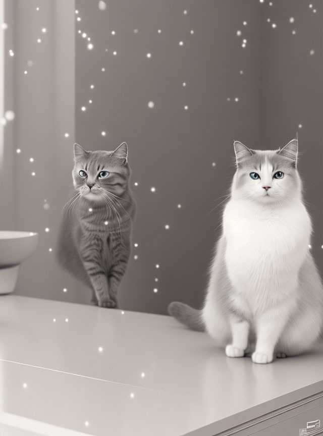 Two Cats with Striking Blue Eyes by Mirror Reflecting Starry Illusion