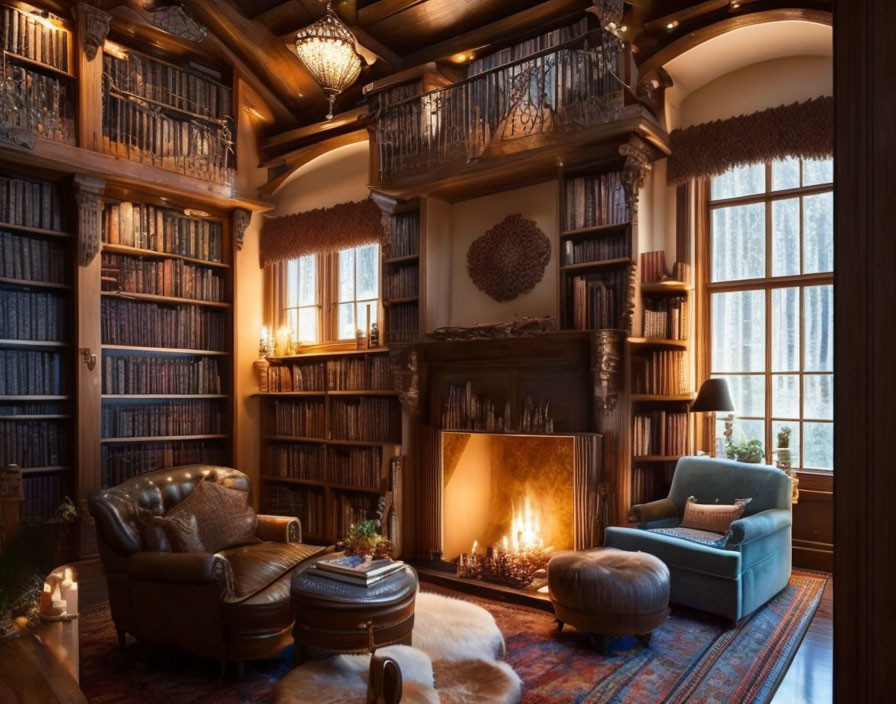 Traditional Library Room with Lit Fireplace, Leather Armchair, Blue Sofa, Wooden Bookshelves, and