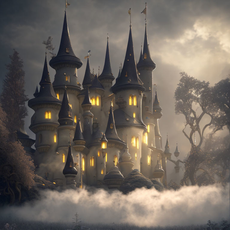 Enchanting castle with illuminated windows in mystic fog