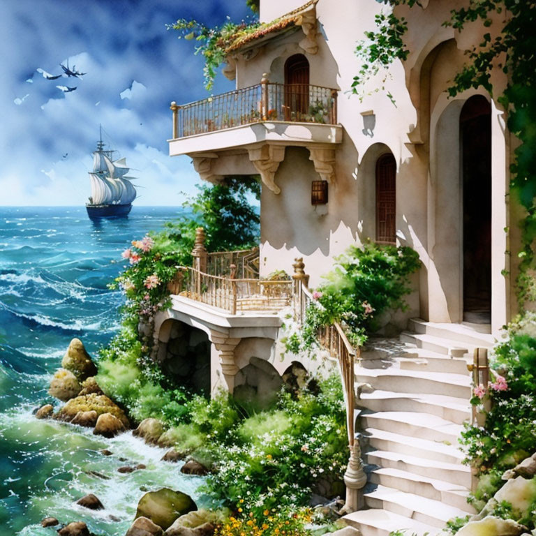 Scenic coastal villa with balcony, stairs, and sailing ship