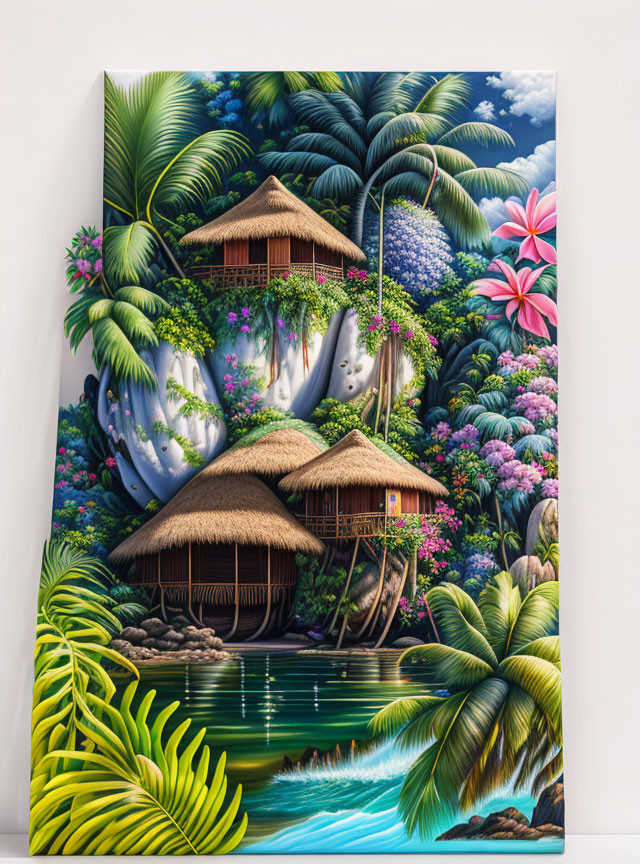 Tropical landscape painting with thatched huts, lush greenery, vibrant flowers, and a serene