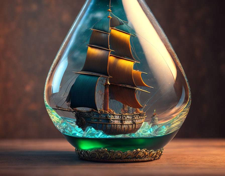 Detailed sailing ship model with brown sails in glass bottle on wooden surface