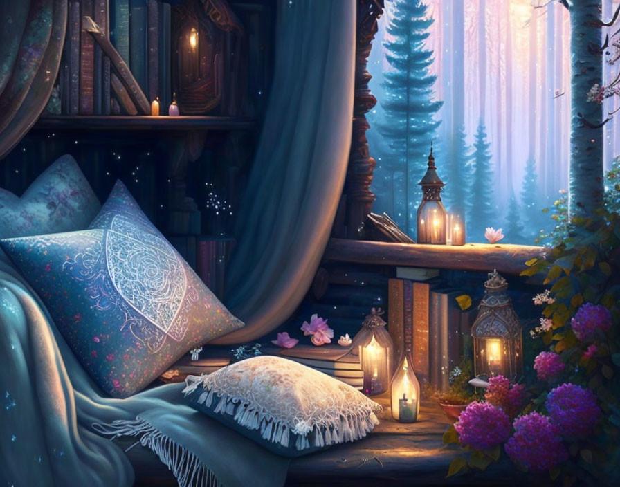 Cozy Reading Nook with Pillows and Blanket by Twilight Forest View