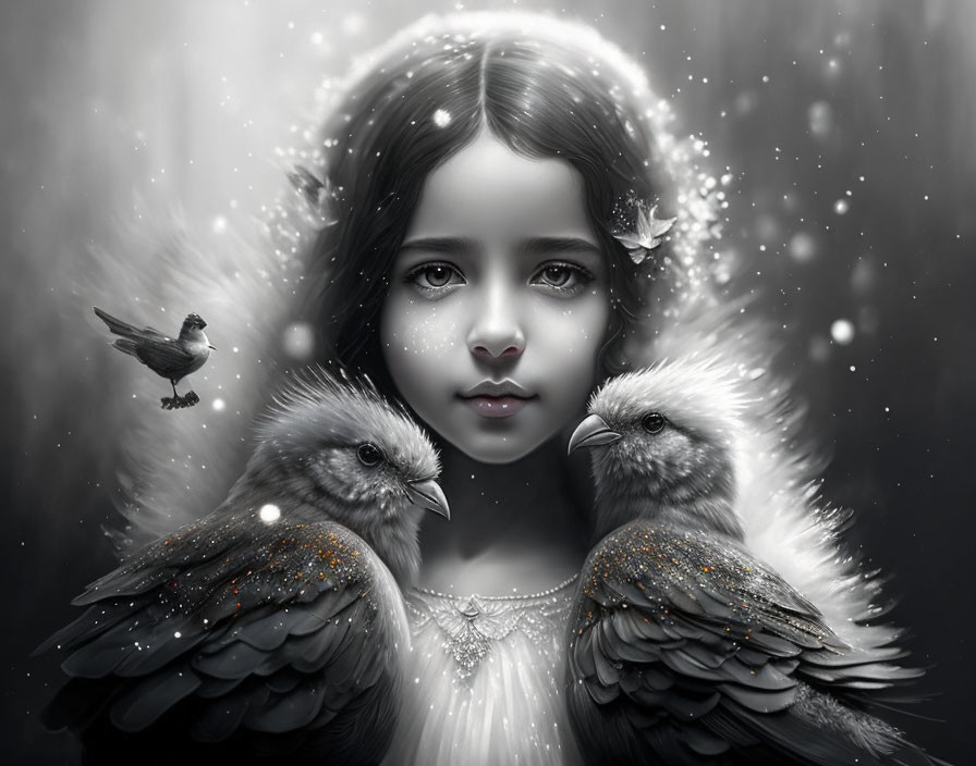 Monochrome image of girl with detailed birds and light particles