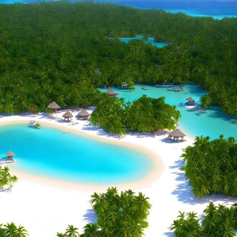 Tropical Bay with Turquoise Waters, White Beach, Palm Trees, Thatched Huts