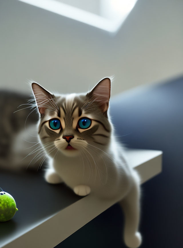 Blue-eyed cat with unique facial markings on shelf with green toy ball