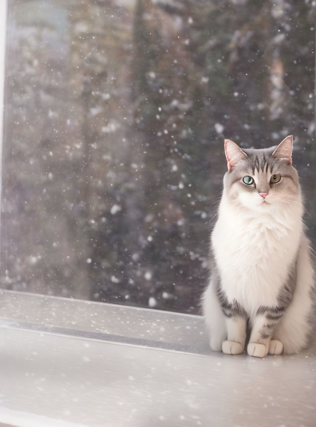 Gray and White Cat with Green Eyes on Window Sill in Snowfall