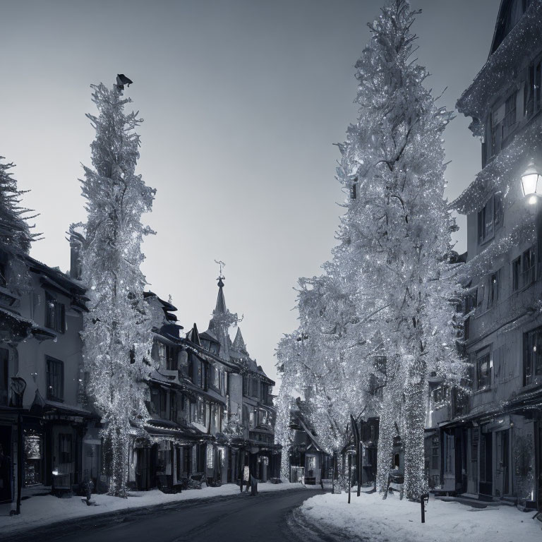 Monochrome image of quaint European street with vintage buildings and trees at dusk.