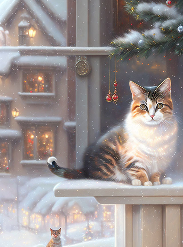 Cat with striking markings on festive windowsill in snowy scene