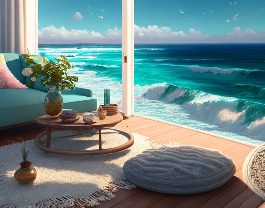 Inviting beachside living area with balcony ocean view and cozy furnishings