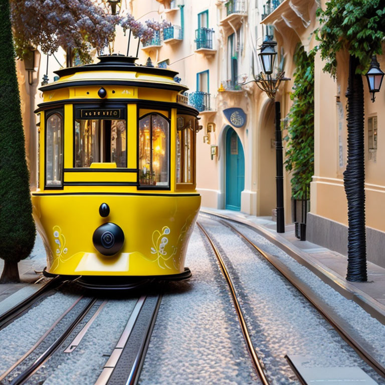 Vintage Yellow Tram on Cobblestone Tracks in Colorful Street