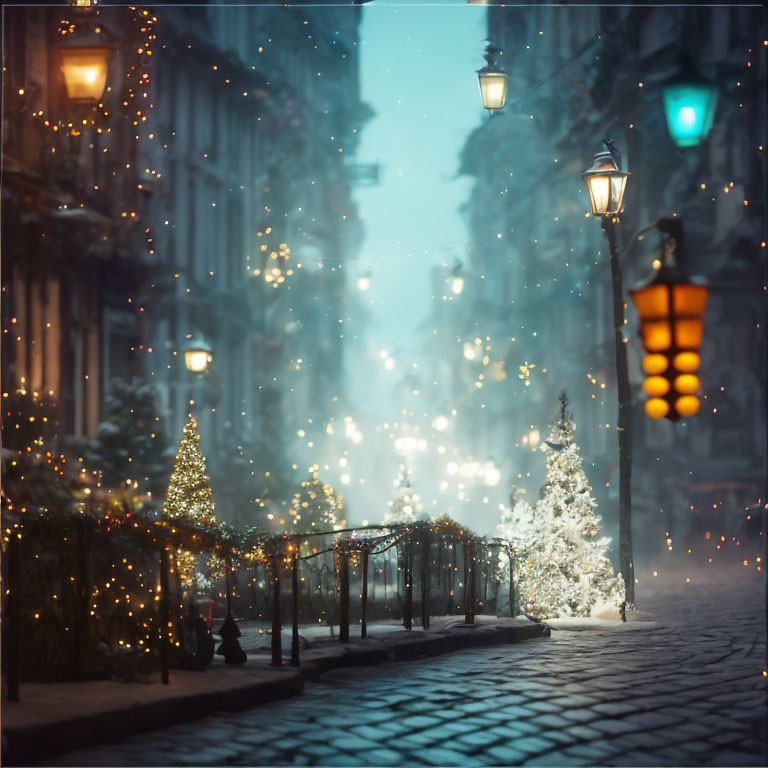 City street with snowy evening scene and Christmas decorations