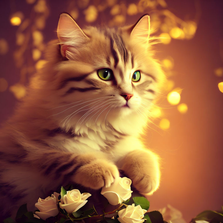 Tabby Cat with Green Eyes Among White Roses and Bokeh Lights