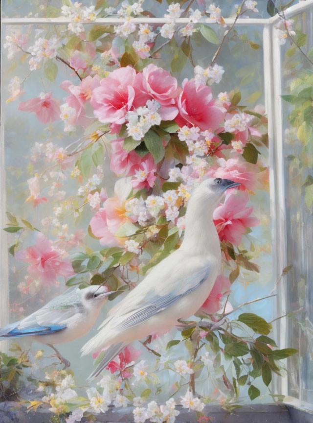 Birds among Pink Flowers: Perched and in Flight near Window