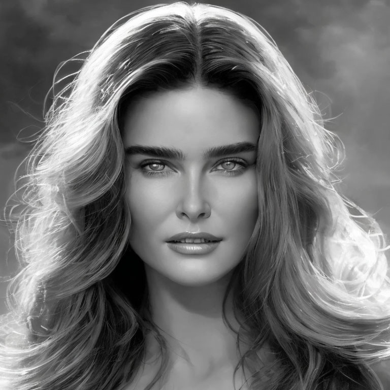 Monochrome portrait of woman with flowing hair and intense gaze