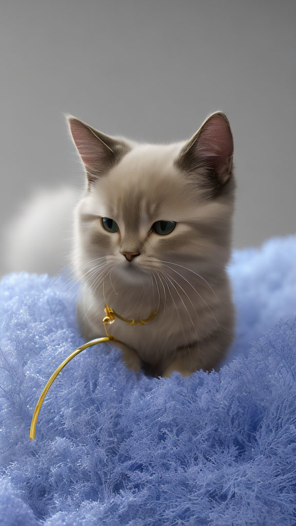 Fluffy white cat with blue eyes on blue furry surface