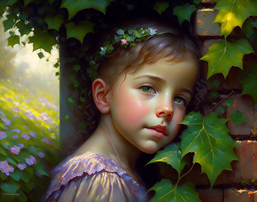 Serene young girl painting with green leaves and flowers