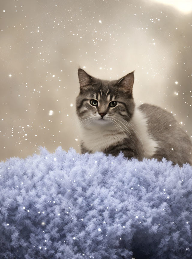 Fluffy Gray and White Cat on Frosty Blue Surface