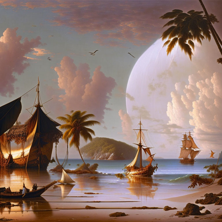 Tropical beach with ships, palm trees, and fantastical planet in dramatic sky
