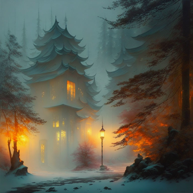 Mystical multi-tiered pagoda in misty woods with glowing lights