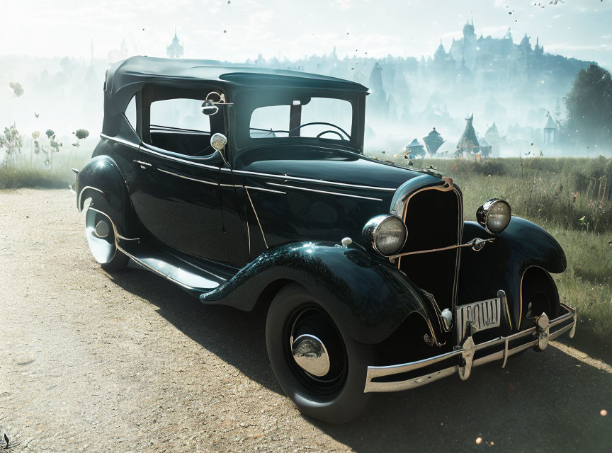 Vintage Black Car on Dusty Road with Dandelions and Castle Background