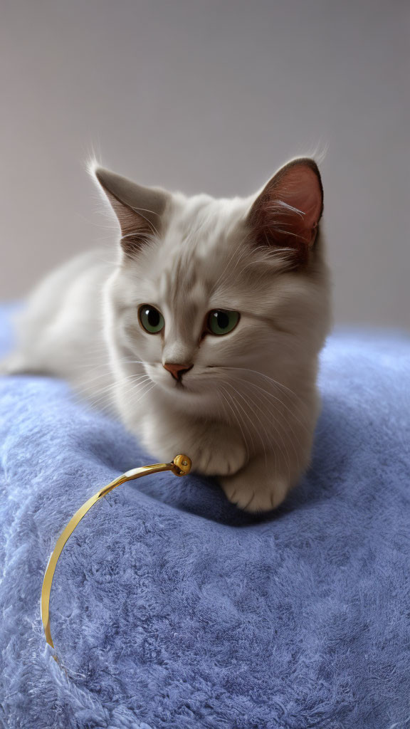 Fluffy white cat with green eyes on blue blanket with golden hoop toy