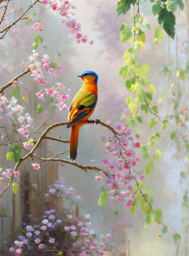 Colorful bird on branch with pink blossoms and green leaves in soft woodland setting