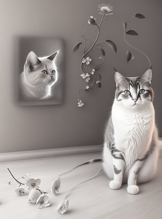 Grayscale image featuring sitting cat with vibrant eyes and flowers, with cat picture on wall