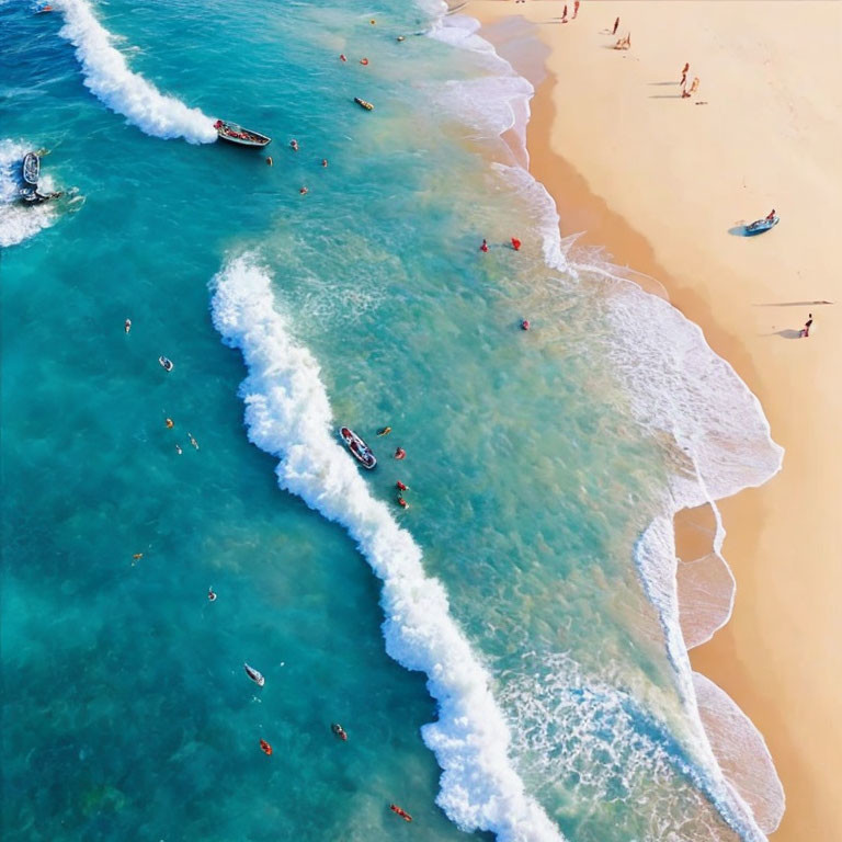 Vibrant beach scene with clear blue waters, white waves, people swimming, and boats near the