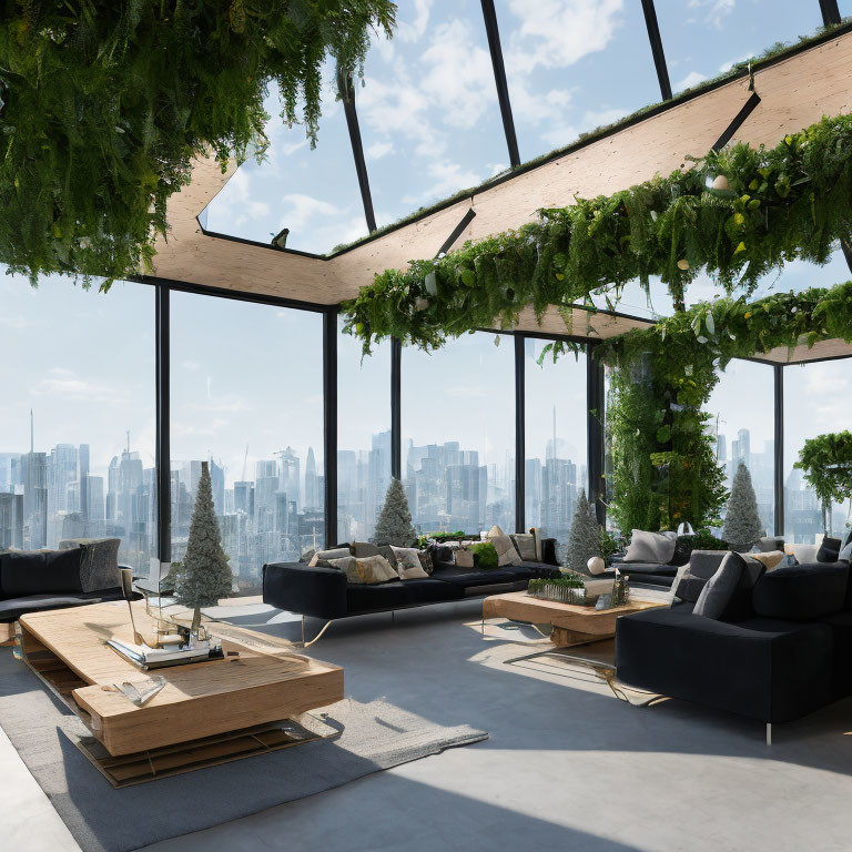 Bright Modern Living Room with City View & Indoor Plants