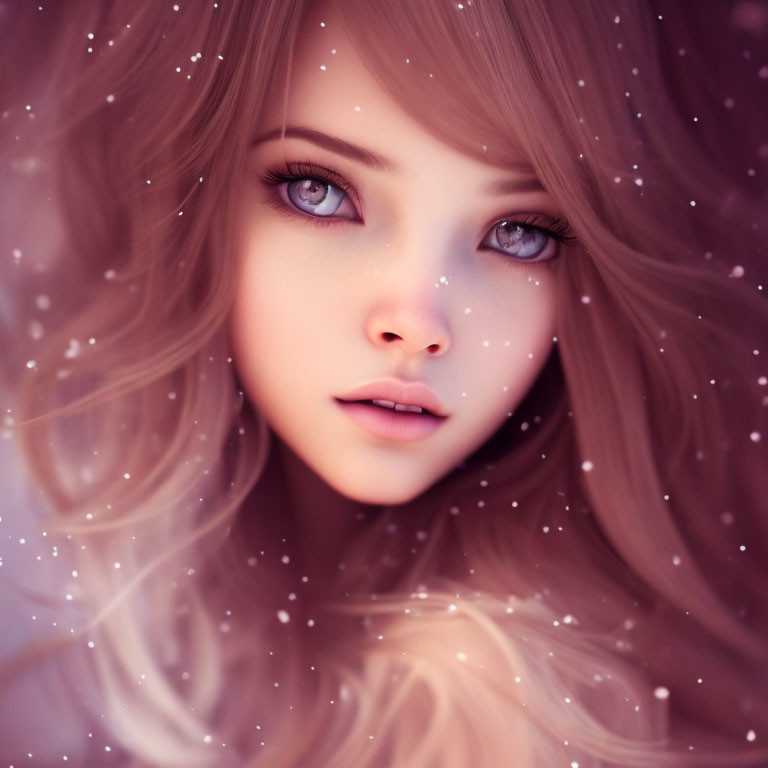 Digital Artwork: Girl with Blue Eyes, Wavy Hair, and Snowflakes